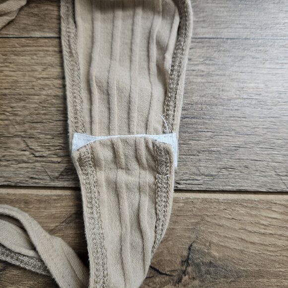 Labiz Bodysuit Womens Small One-Piece Ribbed Knit Cut Out Long Sleeve Beige - Picture 10 of 13